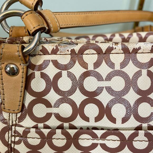 COACH Womens Satchel Shoulder Handbag Purse Signature Coated Canvas Brown Tan - Picture 10 of 16